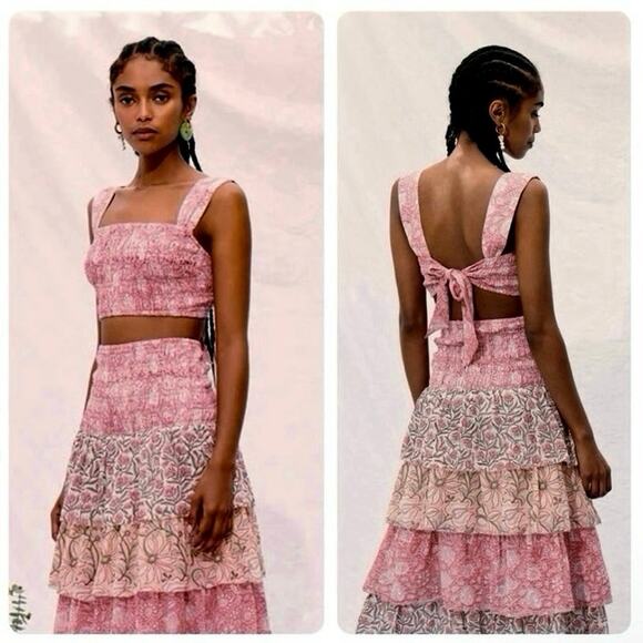 House of Harlow Pink Paisley Crop Top Smocked Stretch Tie Back size Small - Picture 2 of 12